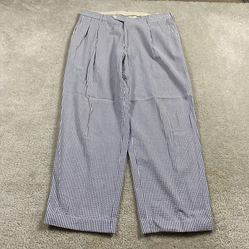 VTG Berle Pants Mens 35x27 Blue Stripe Seersucker Pleated Cuffed USA Ivy Prep
